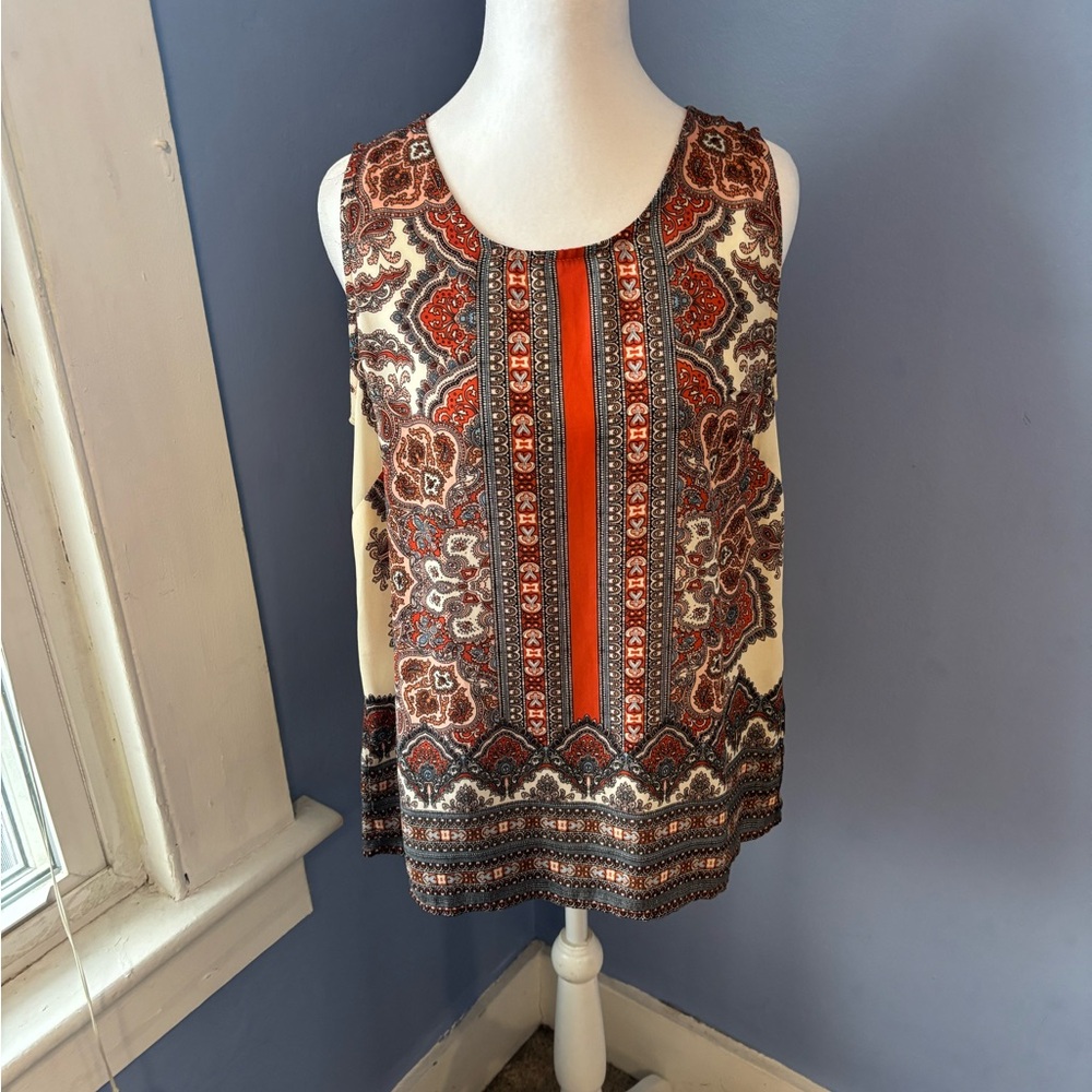 Sleeveless Paisley-Stripe Tank Top in Orange and Cream